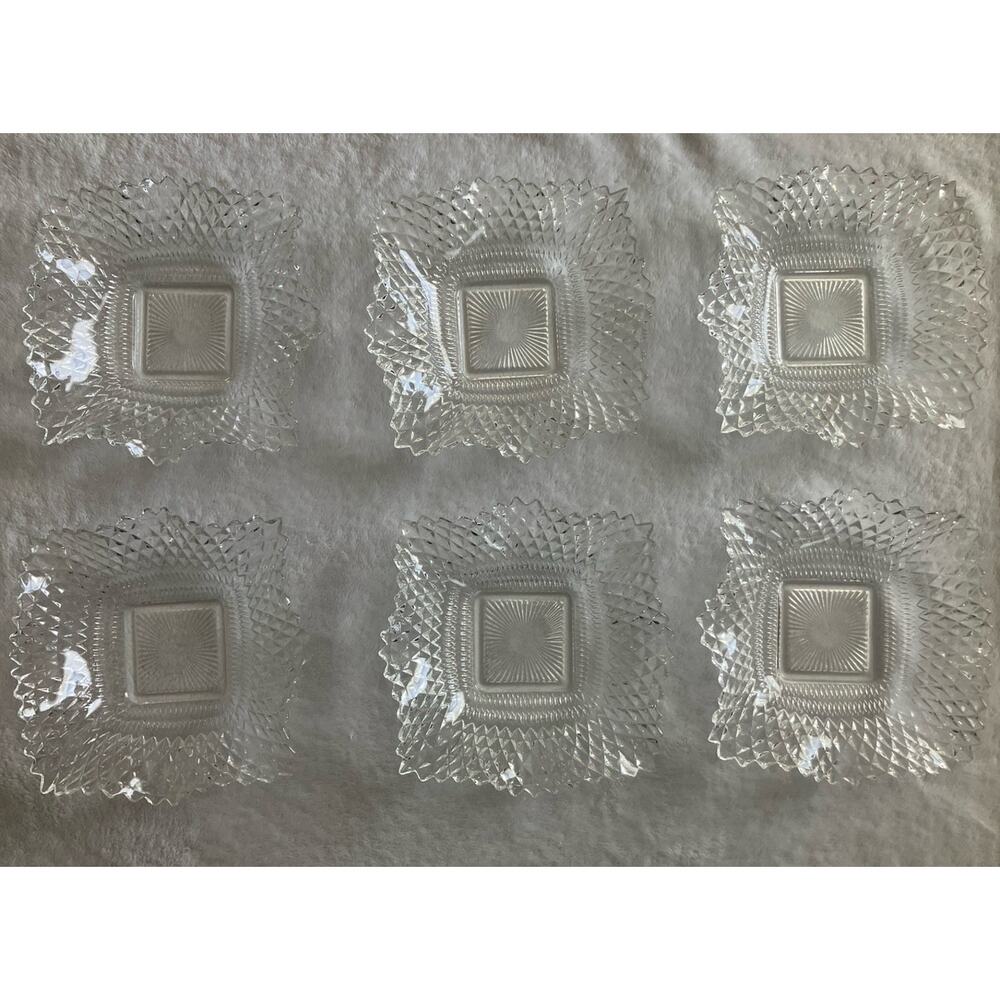 Vintage Glass Dish Trinket Candy Jewelry Tray Diamond Point Pattern Set of 6